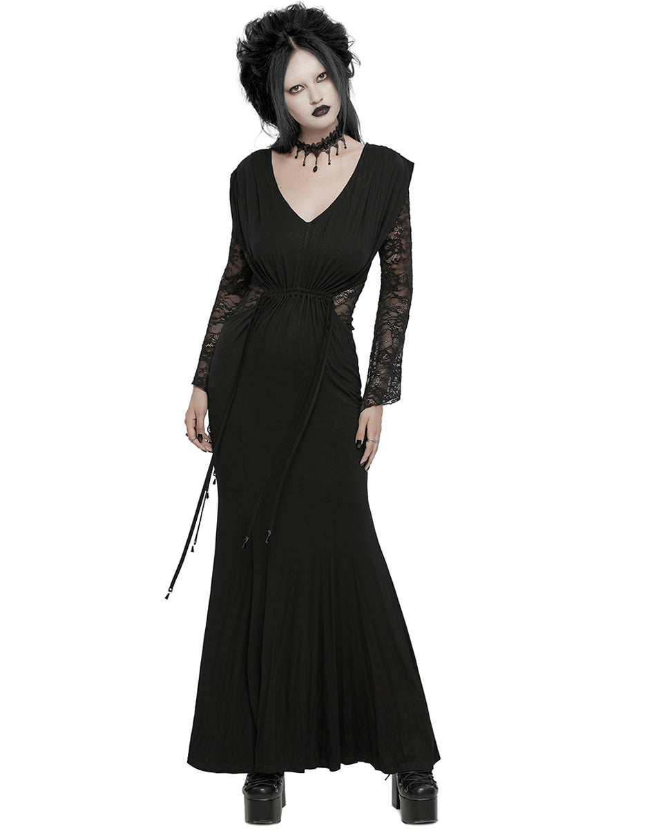 WQ-759LQF Womens Long Gothic Lace Sleeves Ruched Maxi Dress