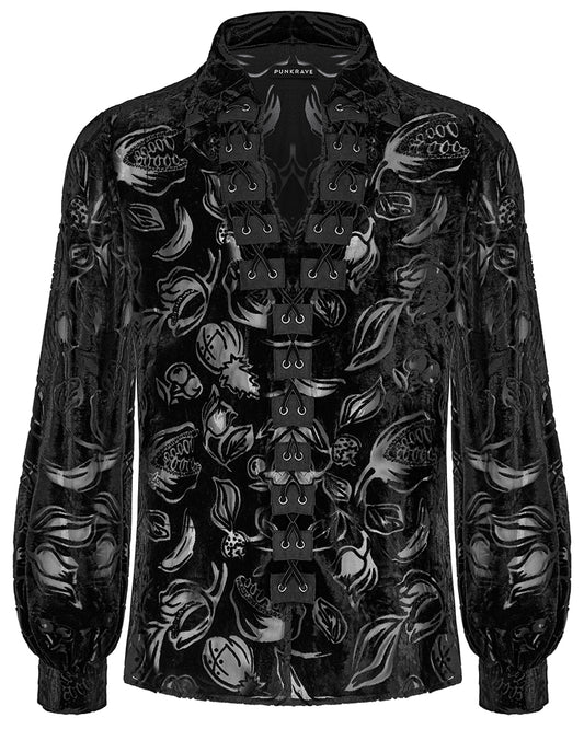 Y1468-BKM Mens Pirahna Gothic Velvet Flocking Pirate Shirt