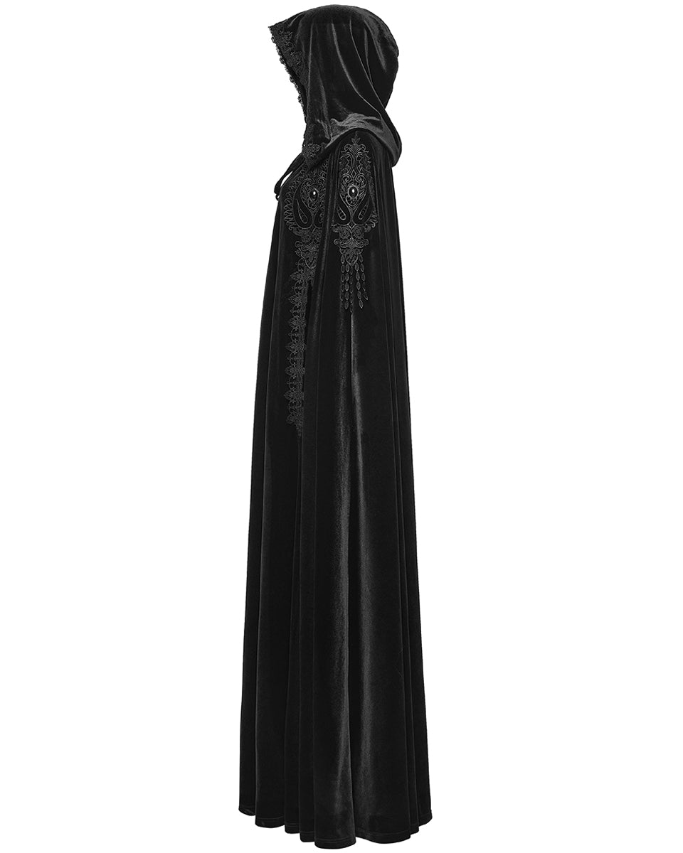 WY-1824DPF Womens Long Gothic Velvet & Lace Applique Hooded Cloak - Black