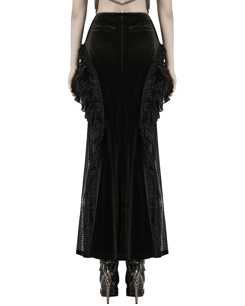 WQ-841BQF-BKF Womens Long Victorian Gothic Velvet & Lace Maxi Skirt