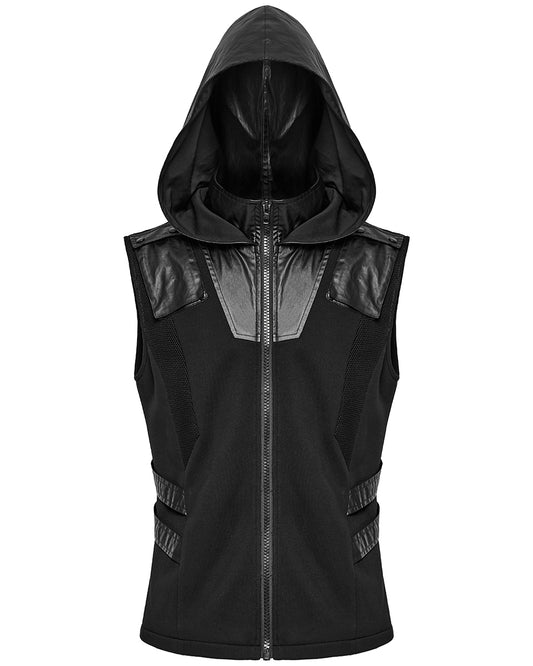 WY-1598MJM-BKM Mens Dystopian CyberPunk Zip Up Hooded Waistcoat Vest