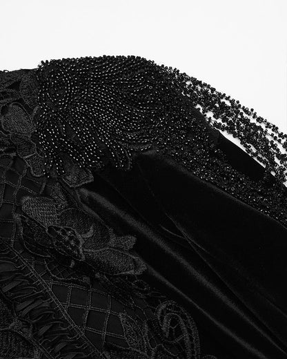 WQ-898LQF Womens Long Gothic Velvet & Lace Beaded & Embroidered Maxi Dress