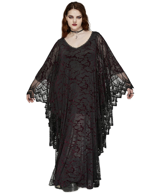 DQ-724LQF Plus Size Womens Gothic Batwing Maxi Dress - Black & Red Flock