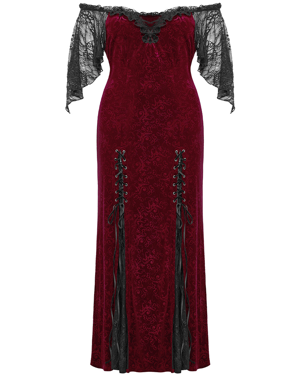 DQ-730LQF Plus Size Womens Gothic Embossed Velvet Off-Shoulder Maxi Dress - Red