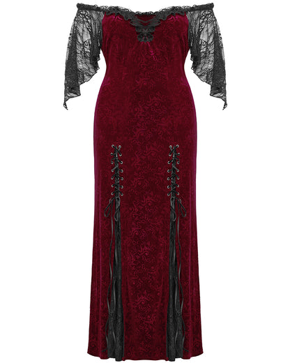 DQ-730LQF Plus Size Womens Gothic Embossed Velvet Off-Shoulder Maxi Dress - Red