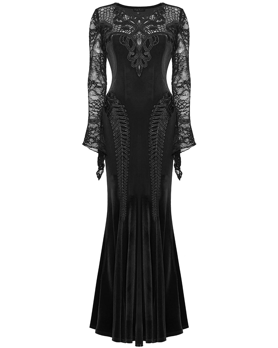 WQ-763LQF Womens Long Gothic Velvet & Lace Applique Maxi Dress - Black