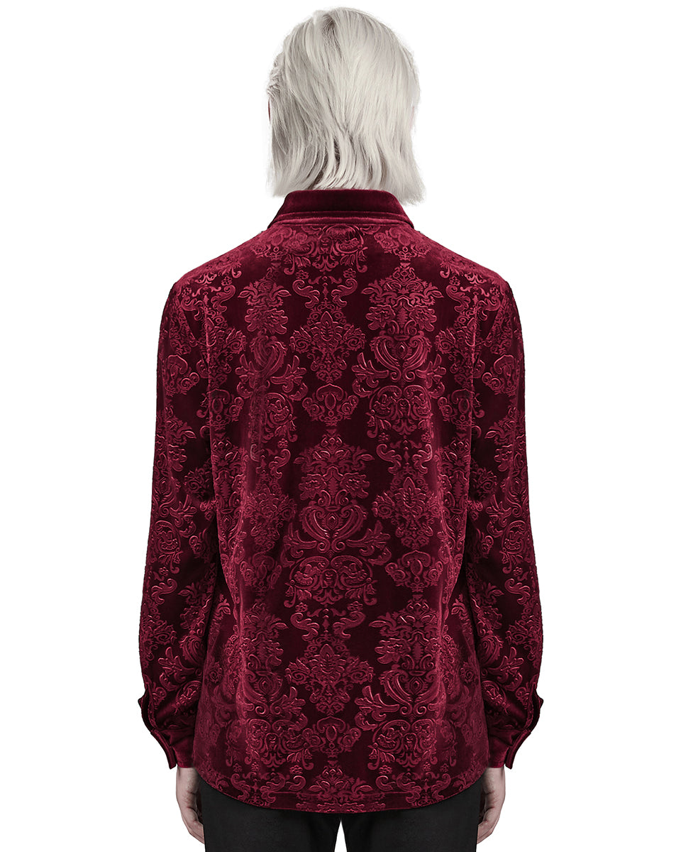 PR-WY-1541CCM-RDM Mens Gothic Aristocrat Embossed Velvet Damask Shirt - Red
