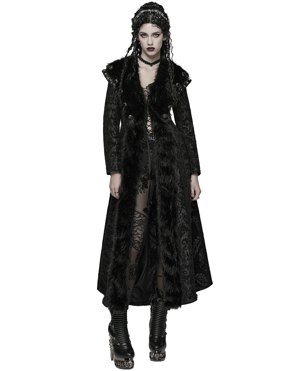 WY-1808XCF Womens Long Gothic Aristocrat Jacquard & Faux Fur Winter Coat