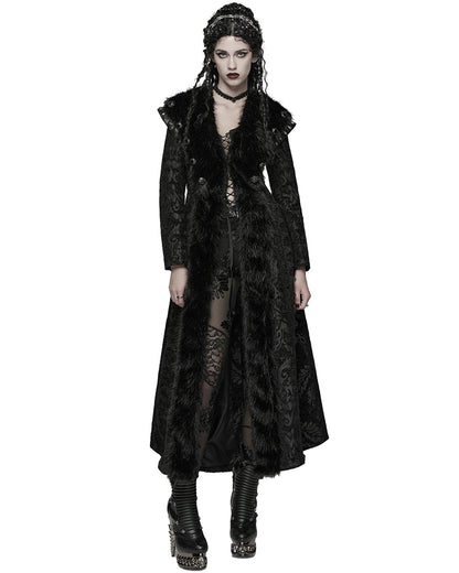 WY-1808XCF Womens Long Gothic Aristocrat Jacquard & Faux Fur Winter Coat
