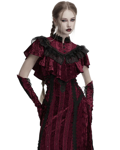 OY-1750DPF Daily Life Womens Gothic Crushed Velvet & Lace Bolero Cape - Red