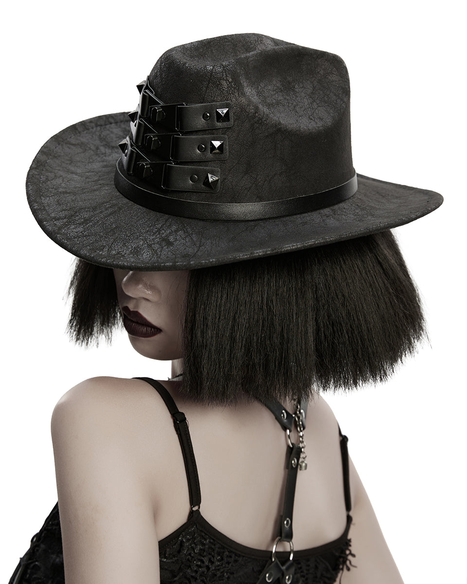 WS-859MZ Unisex Distressed Faux Leather Strapping Fedora Hat
