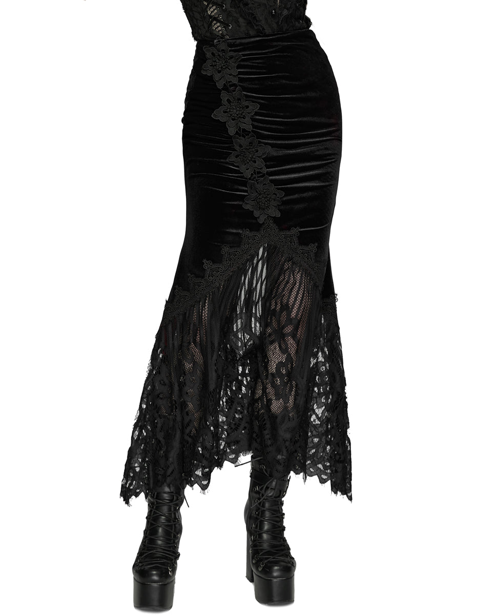WQ-833BQF Womens Gorgeous Gothic Ruched Velvet & Lace Long Fishtail Skirt
