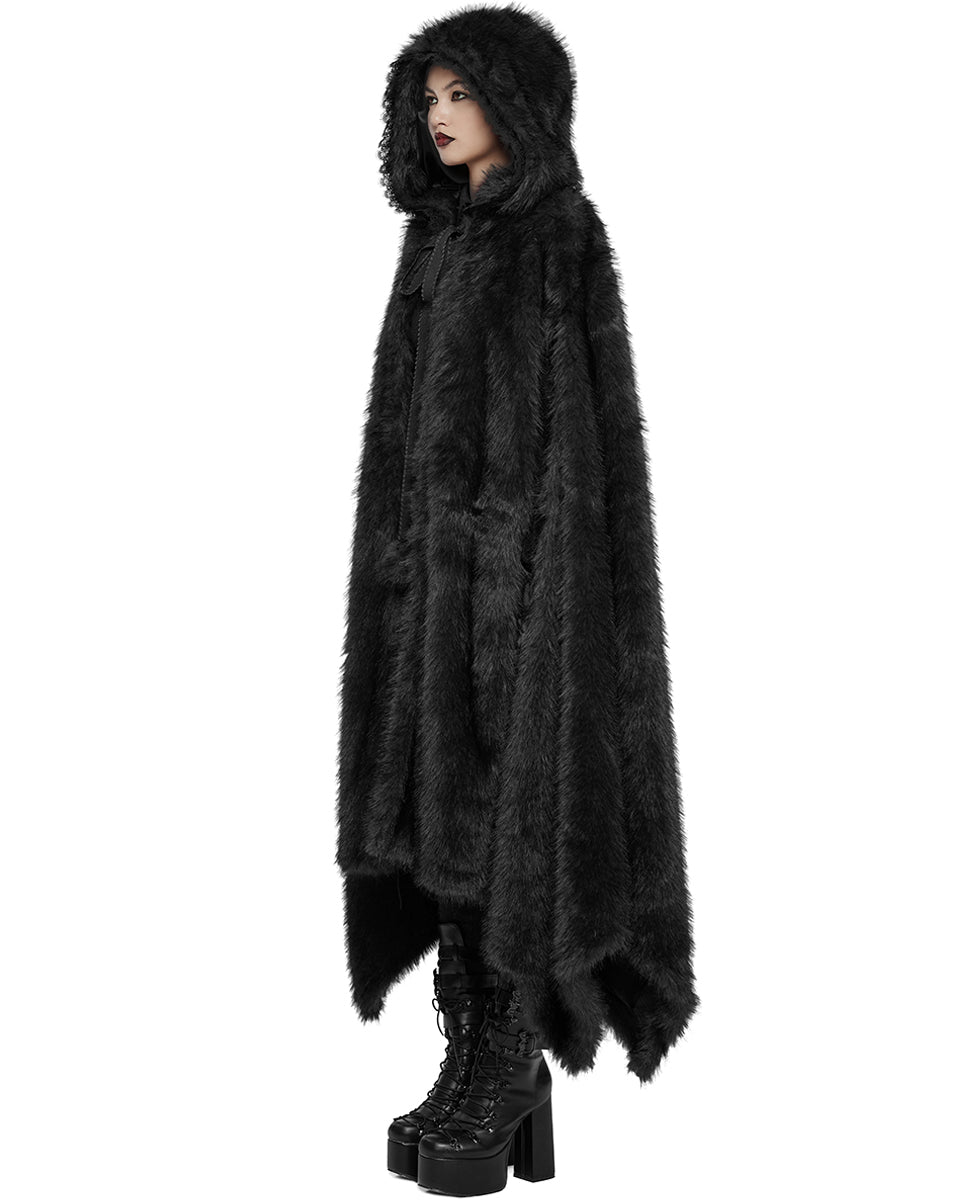 WY-1663DPF Womens Long Gothic Faux Fur Asymmetric Hooded Winter Cloak - Black