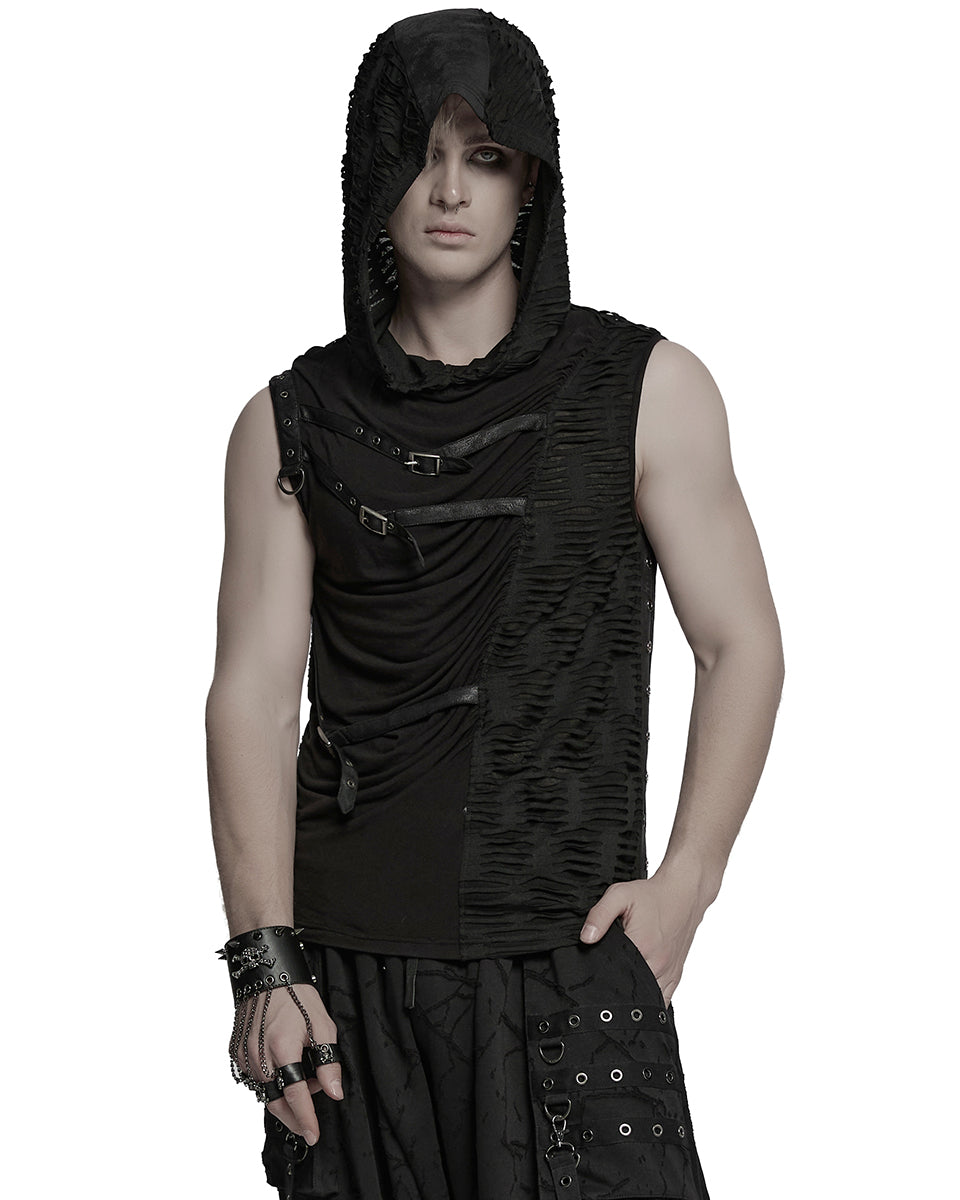 WT-1003BXM-BKM Mens Apocalyptic Gothic Spliced & Shredded Hooded Tank Top Vest