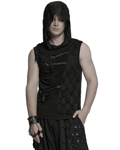 WT-1003BXM-BKM Mens Apocalyptic Gothic Spliced & Shredded Hooded Tank Top Vest