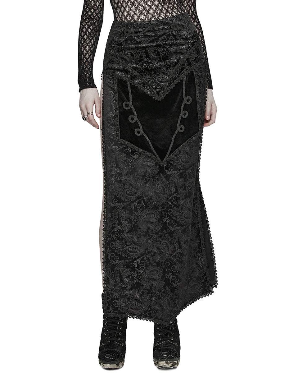 WQ-679BQF Womens Long Gothic Regency Paisley Velvet Side-Split Skirt