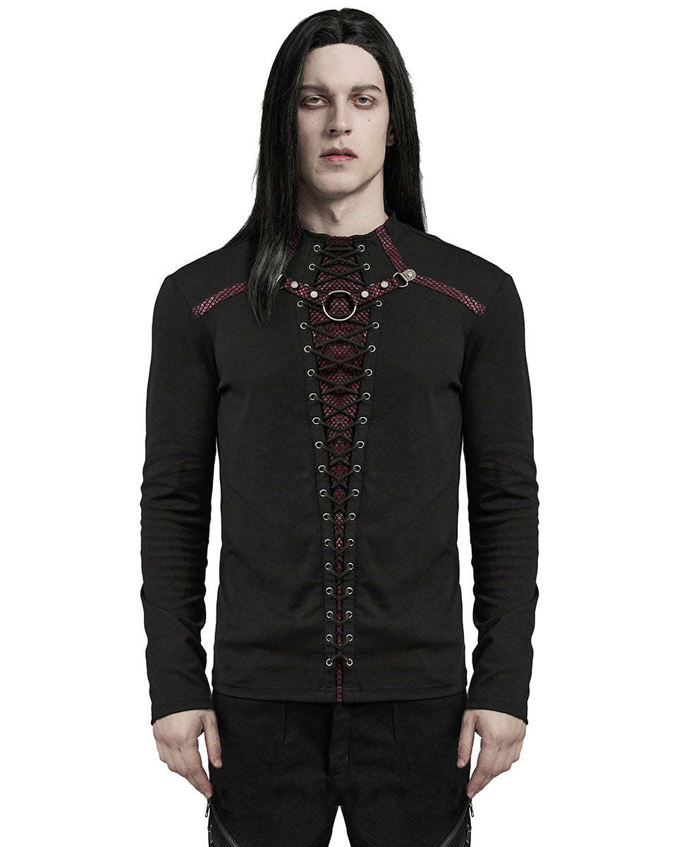 WT-896TCM-BKRDM Mens Dark Punk Lace-Up Mesh Inset Top - Black & Red