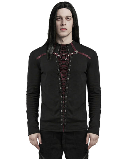 WT-896TCM-BKRDM Mens Dark Punk Lace-Up Mesh Inset Top - Black & Red