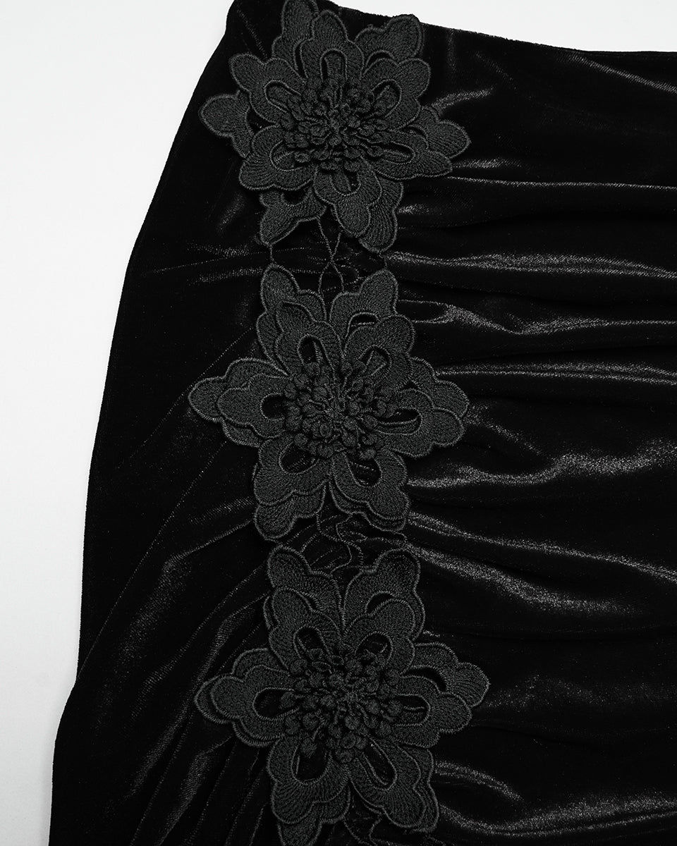 WQ-833BQF Womens Gorgeous Gothic Ruched Velvet & Lace Long Fishtail Skirt