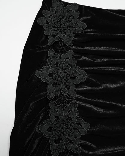 WQ-833BQF Womens Gorgeous Gothic Ruched Velvet & Lace Long Fishtail Skirt