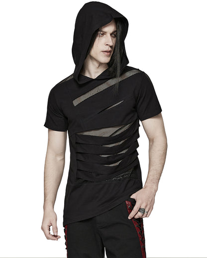 PR-T774-BKM Mens Gothic Punk Shredded Mesh Inset Hooded T Shirt Top