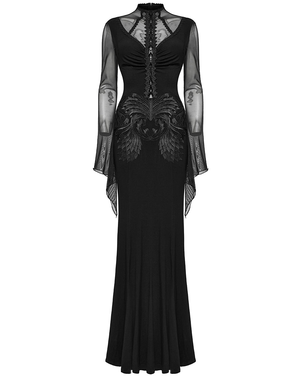 WQ-697LQF-BKF Long Gothic Lace Applique Evening Maxi Dress