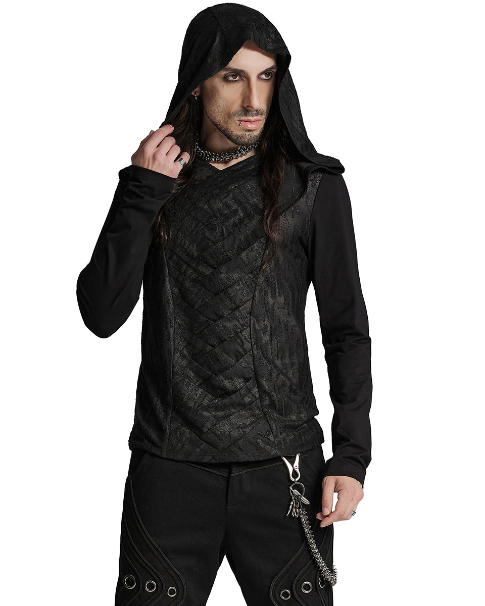 WT-937TCM Mens Apocalyptic Punk Broken Knit Patchwork Hooded Top