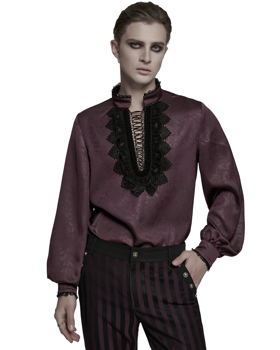 PR-WY-1785 Mens Gothic Embossed Print Lace-Up Pirate Shirt - Red