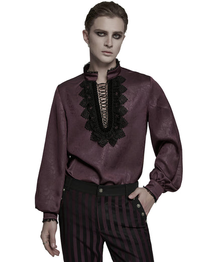 PR-WY-1785 Mens Gothic Embossed Print Lace-Up Pirate Shirt - Red