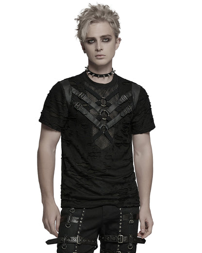 WT-1005TDM-BKM Mens Apocalyptic Gothic Shredded Fishnet Inset T Shirt Top