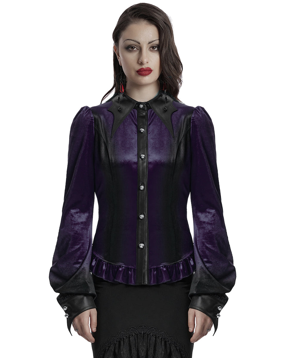 OY-1697DQF-VIF Daily Life Gothic Gradient Velvet Bat Collar Blouse Top - Purple & Black