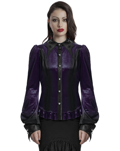 OY-1697DQF-VIF Daily Life Gothic Gradient Velvet Bat Collar Blouse Top - Purple & Black
