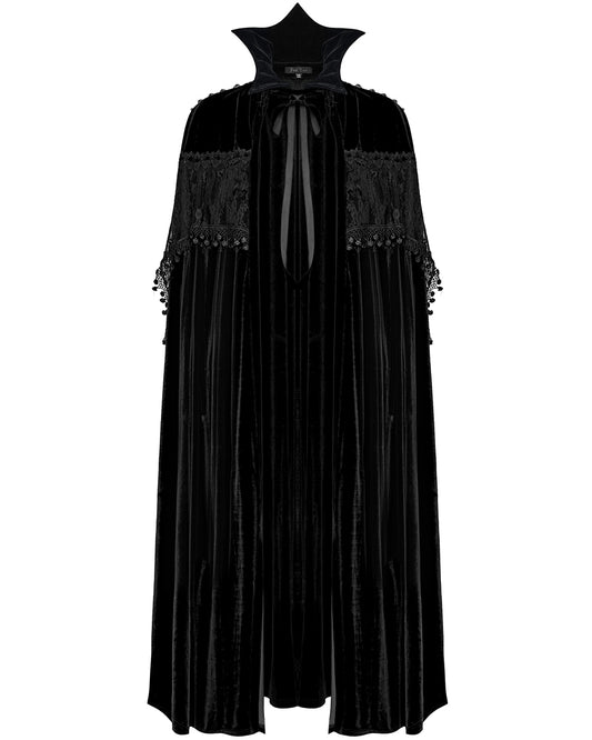 WY-1536DPF-BKF Womens Dark Regency Gothic Studded Velvet & Lace Cloak