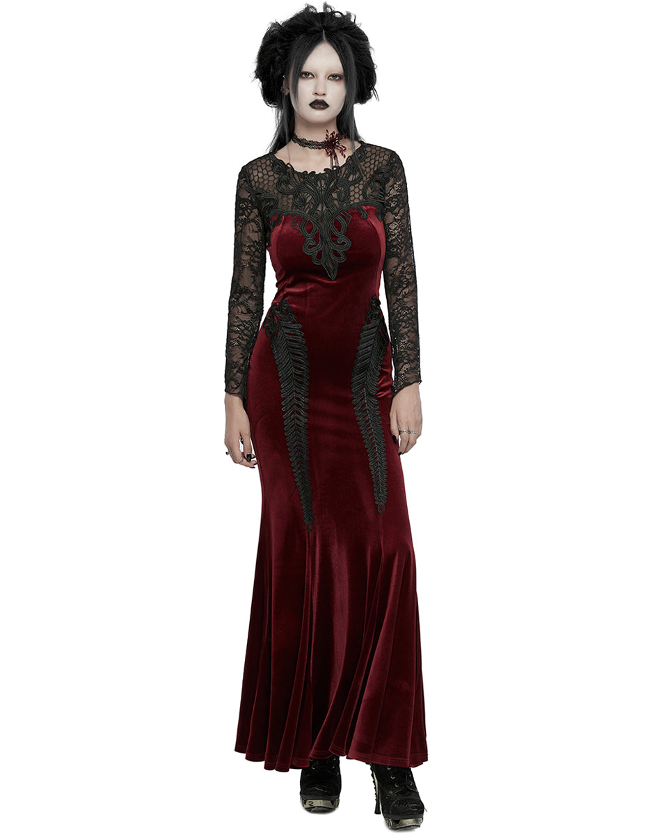 WQ-763LQF Womens Long Gothic Velvet & Lace Applique Maxi Dress - Red