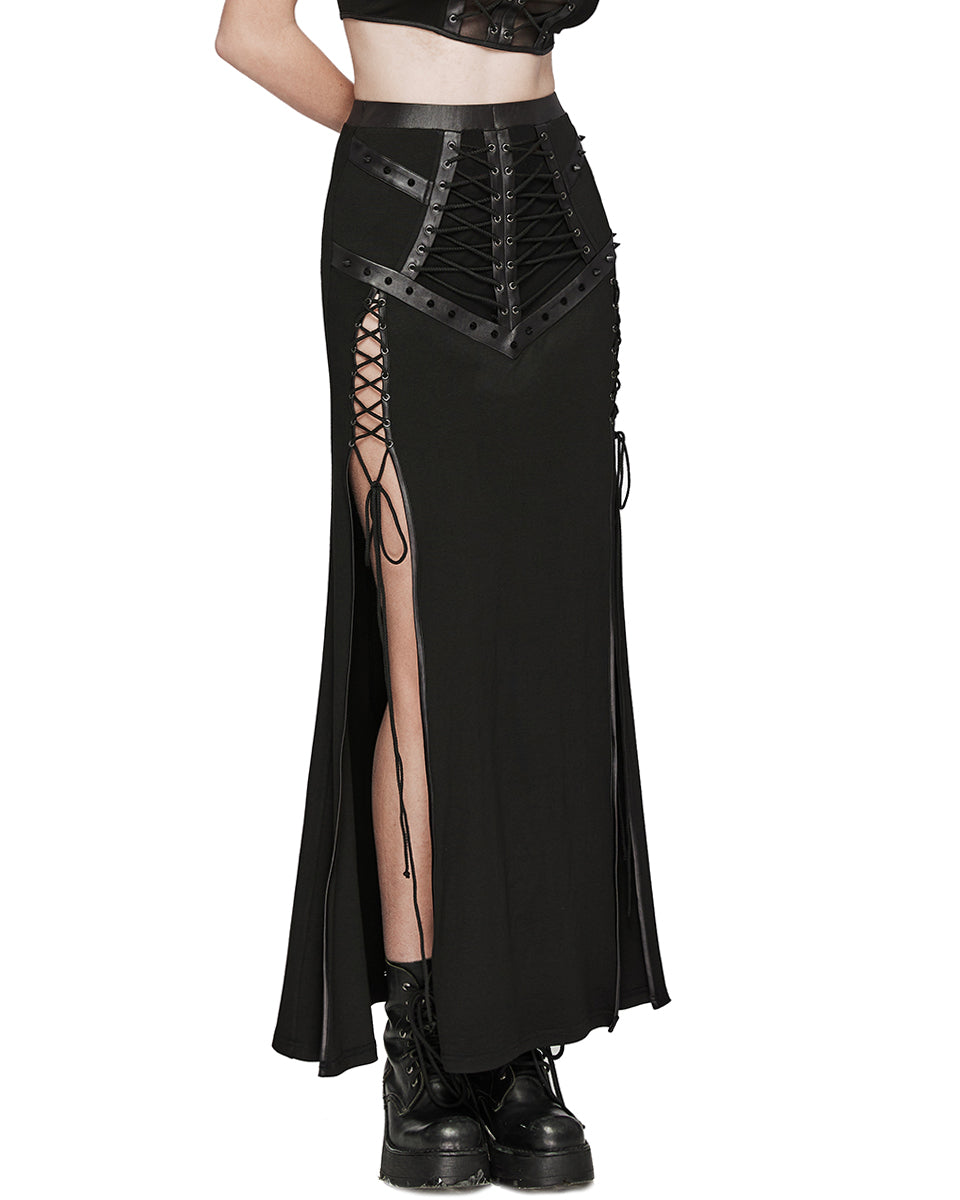 WQ-696BQF-BKF Daily Life Long Gothic Techwear Side-Split Lacing Maxi Skirt