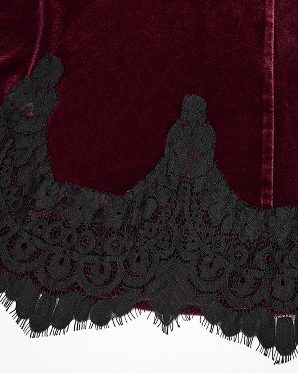 PR-OQ-844BQF-RDF Daily Life Womens Long Gothic Velvet Ruched Split Waist Skirt - Red