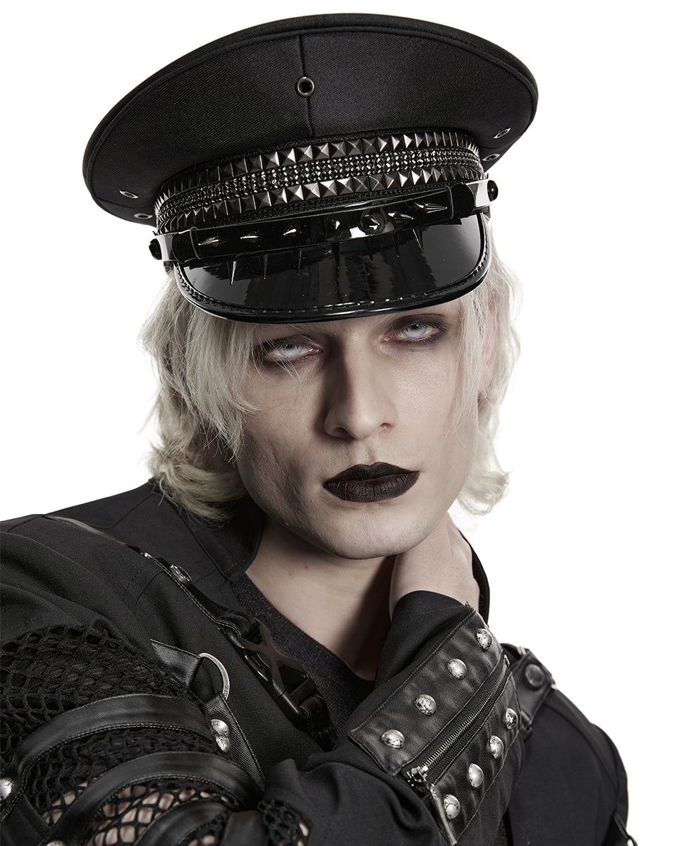 Mens Gothic Cyberpunk Studded Military Cap Hat