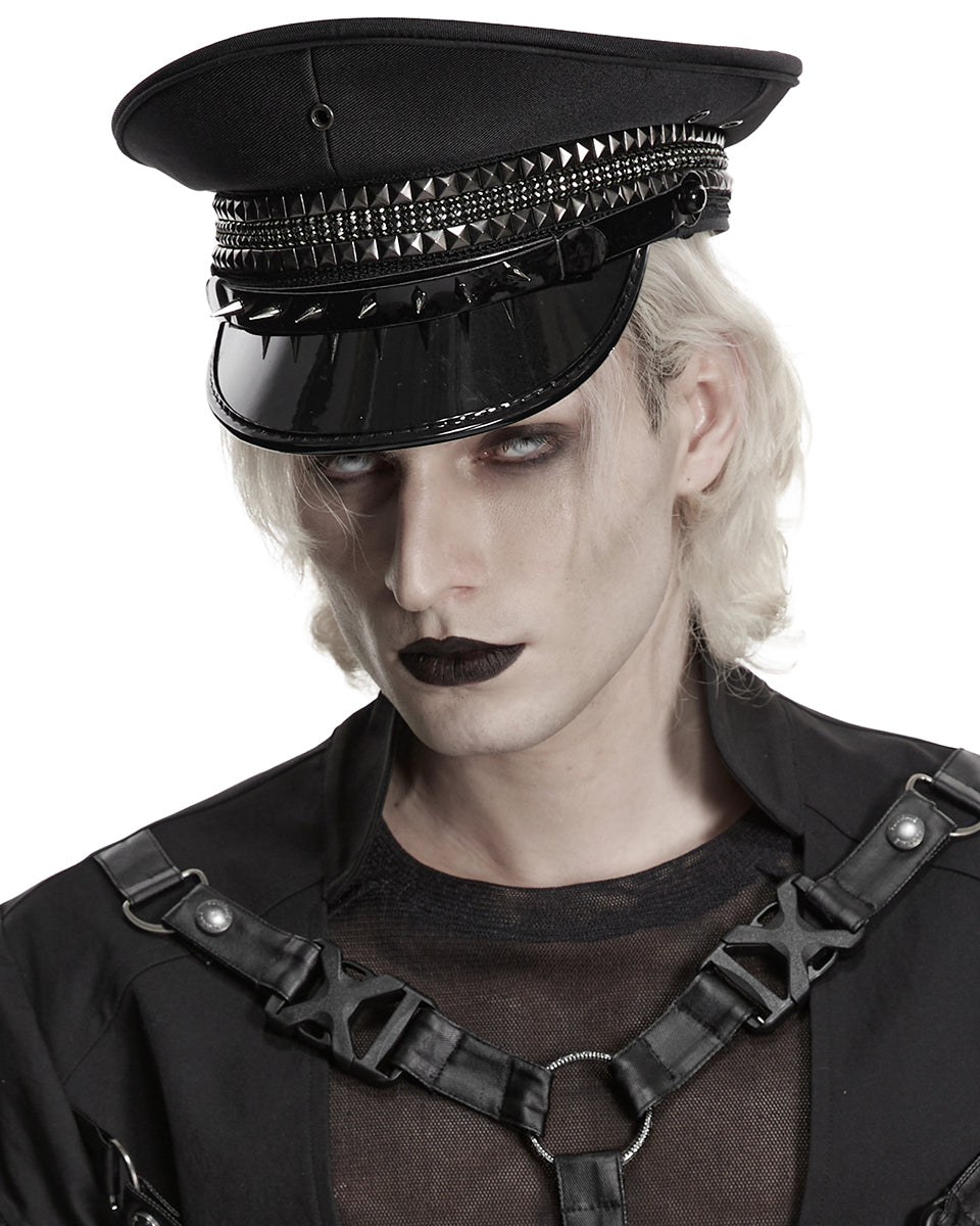 Mens Gothic Cyberpunk Studded Military Cap Hat