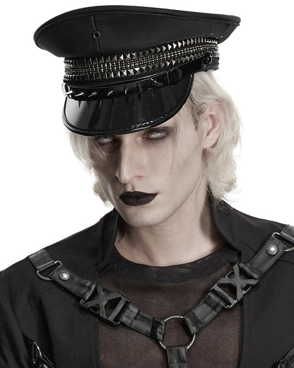 Mens Gothic Cyberpunk Studded Military Cap Hat