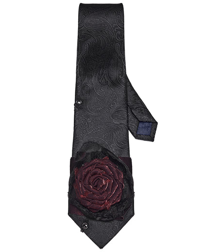 Mens Dark Gothic Paisley Jacquard Rose Neck Tie - Black & Red