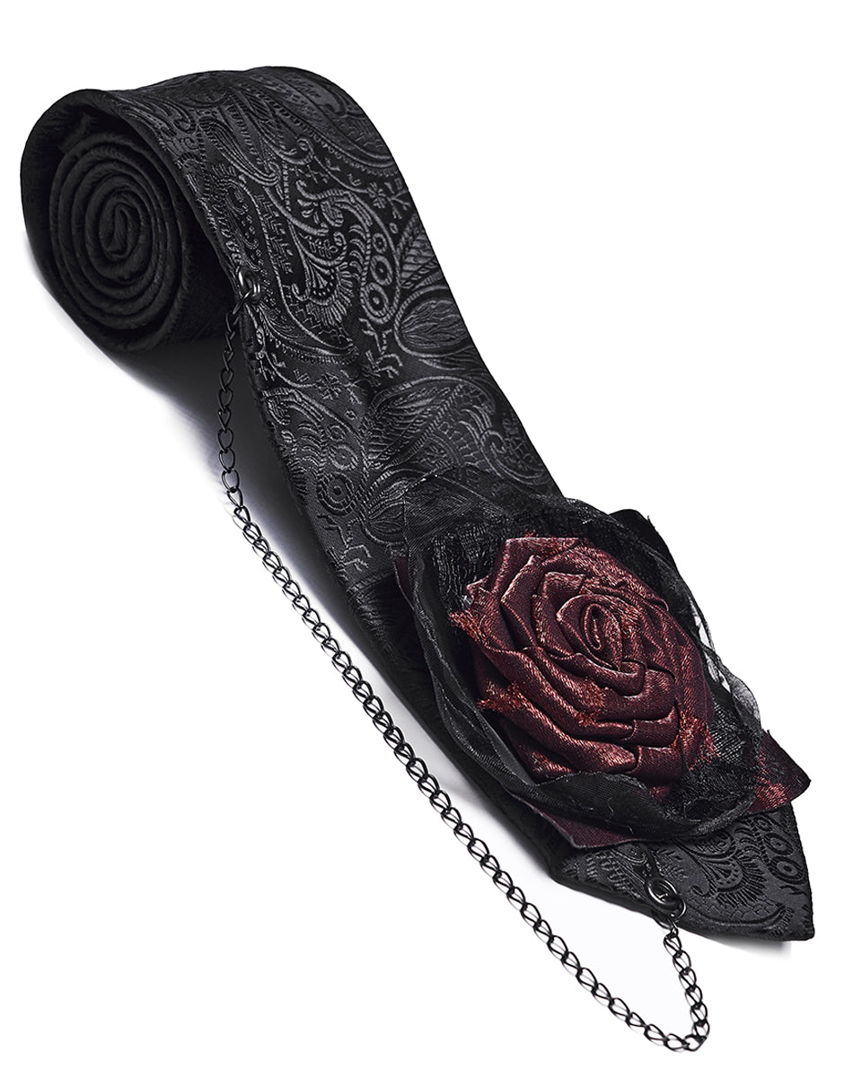 Mens Dark Gothic Paisley Jacquard Rose Neck Tie - Black & Red