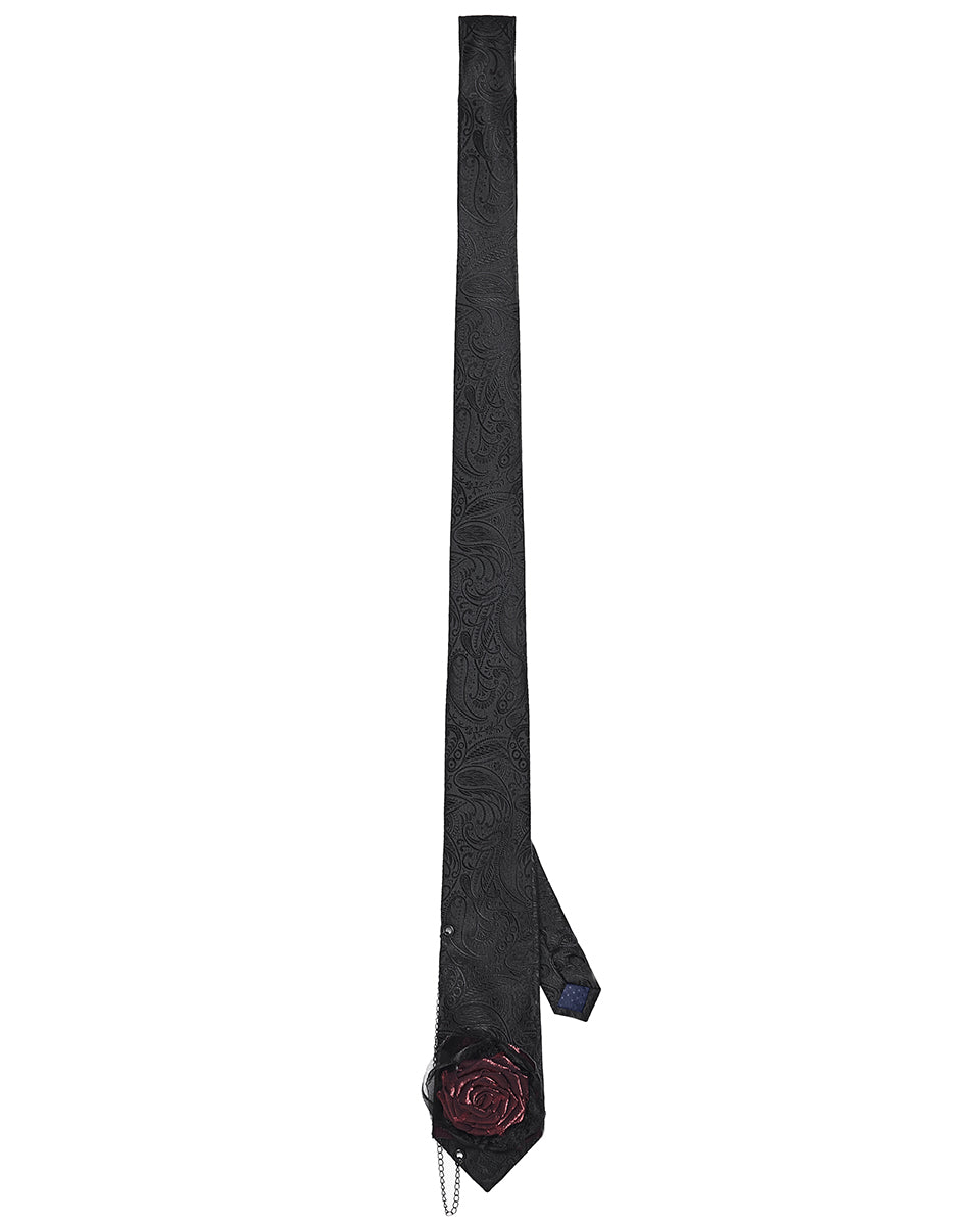 Mens Dark Gothic Paisley Jacquard Rose Neck Tie - Black & Red