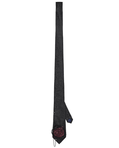 Mens Dark Gothic Paisley Jacquard Rose Neck Tie - Black & Red