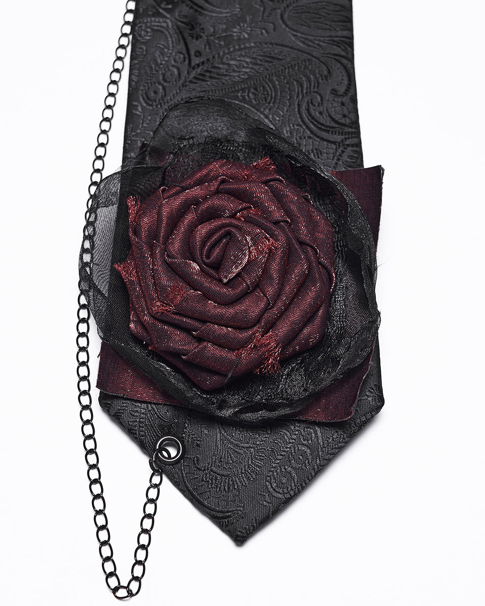 Mens Dark Gothic Paisley Jacquard Rose Neck Tie - Black & Red
