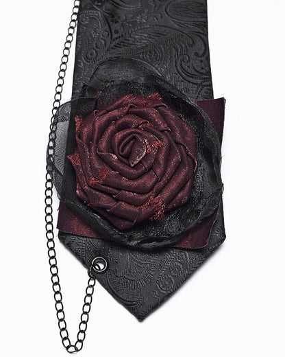 Mens Dark Gothic Paisley Jacquard Rose Neck Tie - Black & Red