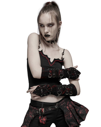 S-479 Womens Dark Punk Studded Armwarmers - Black & Red
