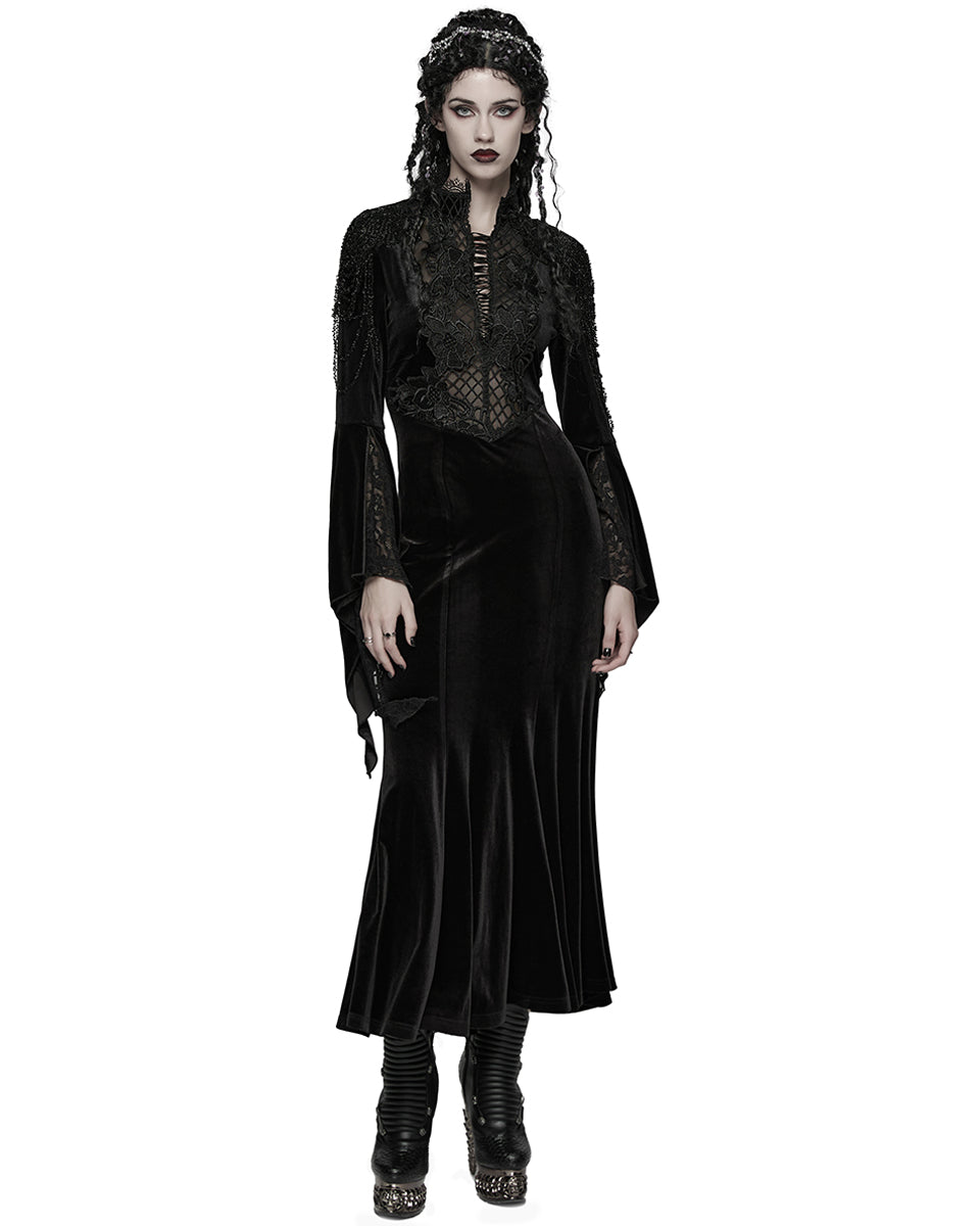 WQ-898LQF Womens Long Gothic Velvet & Lace Beaded & Embroidered Maxi Dress