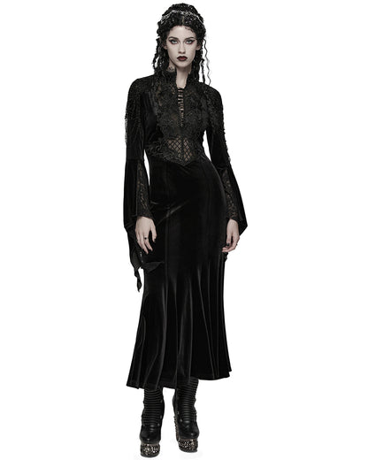 WQ-898LQF Womens Long Gothic Velvet & Lace Beaded & Embroidered Maxi Dress