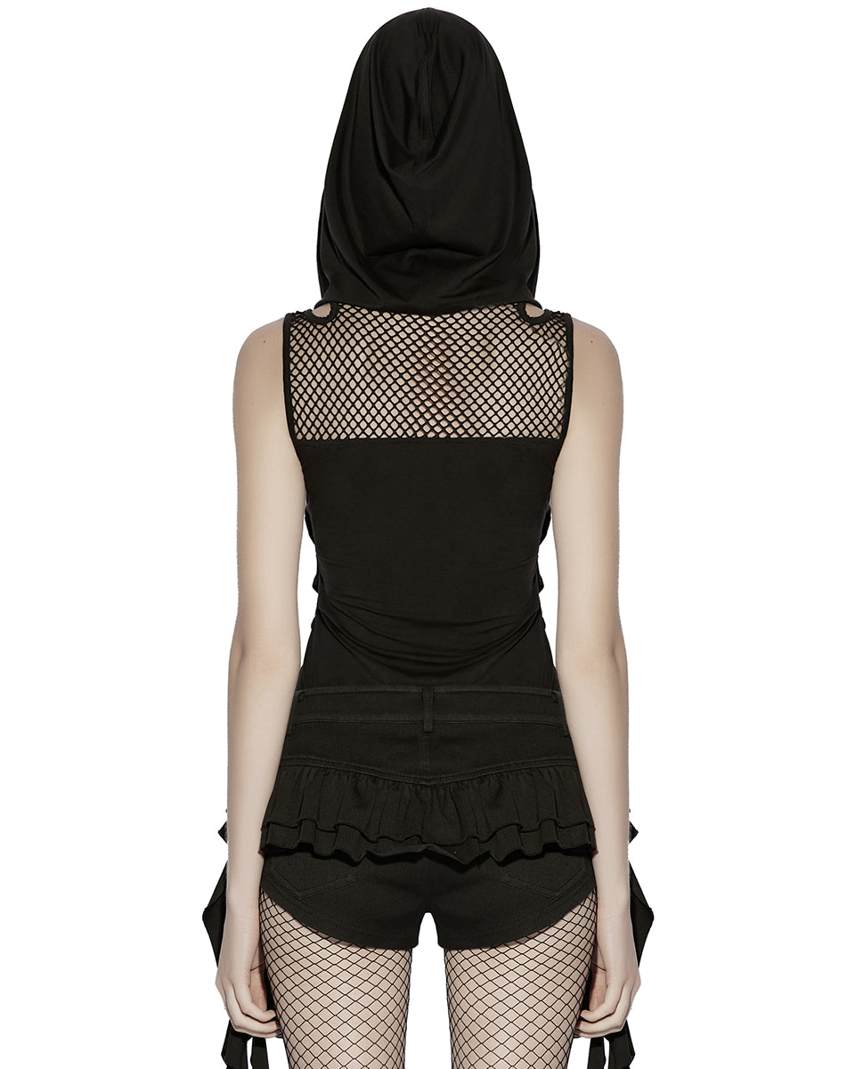 PR-OT-1084TDF-BKF Daily Life Womens Gothic Wasteland Fishnet Contrast Hooded Vest Top