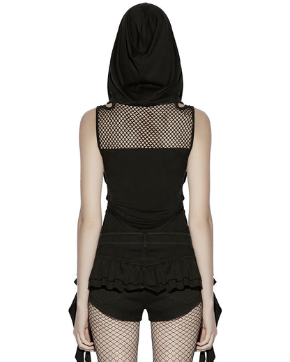 PR-OT-1084TDF-BKF Daily Life Womens Gothic Wasteland Fishnet Contrast Hooded Vest Top